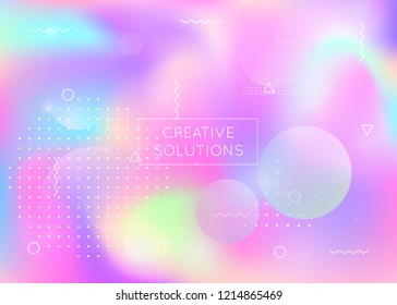 Holographic background with liquid shapes. Dynamic bauhaus gradient with memphis fluid elements. Graphic template for placard, presentation, banner, brochure. Pearlescent holographic background.