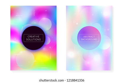 Holographic background with liquid shapes. Dynamic bauhaus gradient with memphis fluid cover. Graphic template for placard, presentation, banner, brochure. Fluorescent holographic background.