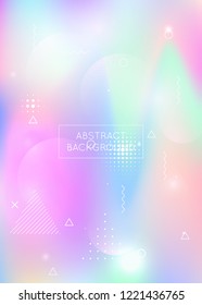 Holographic background with liquid shapes. Dynamic bauhaus gradient with memphis fluid elements. Graphic template for brochure, banner, wallpaper, mobile screen. Plastic holographic background.
