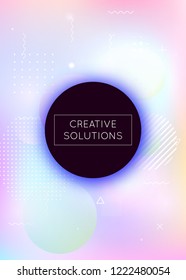 Holographic background with liquid shapes. Dynamic bauhaus gradient with memphis fluid elements. Graphic template for brochure, banner, wallpaper, mobile screen. Hipster holographic background.