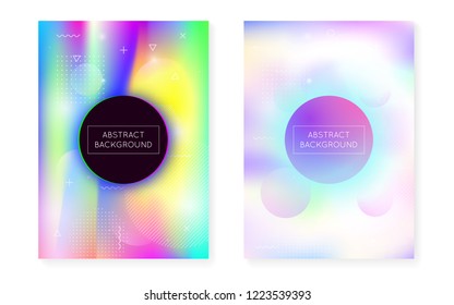Holographic background with liquid shapes. Dynamic bauhaus gradient with memphis fluid cover. Graphic template for flyer, ui, magazine, poster, banner and app. Bright holographic background.