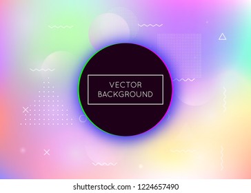 Holographic background with liquid shapes. Dynamic bauhaus gradient with memphis fluid elements. Graphic template for flyer, ui, magazine, poster, banner and app. Plastic holographic background.