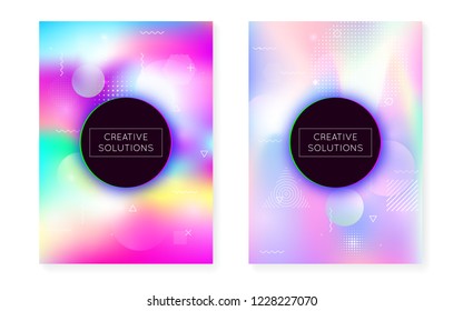 Holographic background with liquid shapes. Dynamic bauhaus gradient with memphis fluid cover. Graphic template for brochure, banner, wallpaper, mobile screen. Rainbow holographic background.