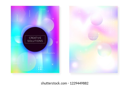 Holographic background with liquid shapes. Dynamic bauhaus gradient with memphis fluid cover. Graphic template for flyer, ui, magazine, poster, banner and app. Stylish holographic background.