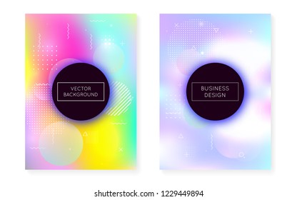 Holographic background with liquid shapes. Dynamic bauhaus gradient with memphis fluid cover. Graphic template for placard, presentation, banner, brochure. Rainbow holographic background.