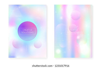 Holographic background with liquid shapes. Dynamic bauhaus gradient with memphis fluid cover. Graphic template for placard, presentation, banner, brochure. Pearlescent holographic background.