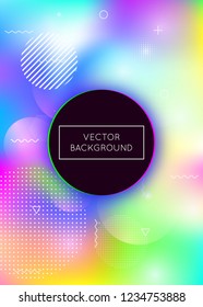 Holographic background with liquid shapes. Dynamic bauhaus gradient with memphis fluid elements. Graphic template for flyer, ui, magazine, poster, banner and app. Plastic holographic background.
