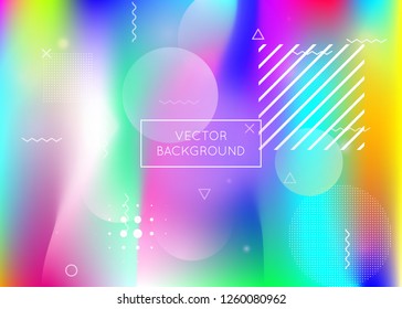 Holographic background with liquid shapes. Dynamic bauhaus gradient with memphis fluid elements. Graphic template for brochure, banner, wallpaper, mobile screen. Trendy holographic background.