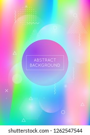 Holographic background with liquid shapes. Dynamic bauhaus gradient with memphis fluid elements. Graphic template for brochure, banner, wallpaper, mobile screen. Colorful holographic background.