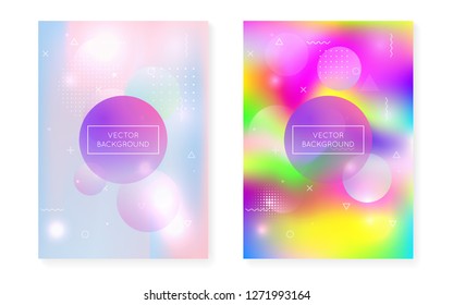 Holographic background with liquid shapes. Dynamic bauhaus gradient with memphis fluid cover. Graphic template for placard, presentation, banner, brochure. Colorful holographic background.