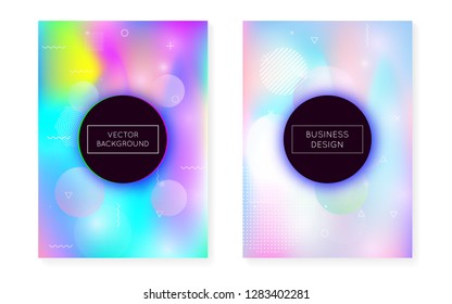 Holographic background with liquid shapes. Dynamic bauhaus gradient with memphis fluid cover. Graphic template for placard, presentation, banner, brochure. Plastic holographic background.