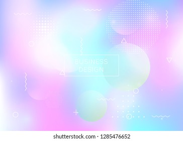 Holographic background with liquid shapes. Dynamic bauhaus gradient with memphis fluid elements. Graphic template for flyer, ui, magazine, poster, banner and app. Iridescent holographic background.