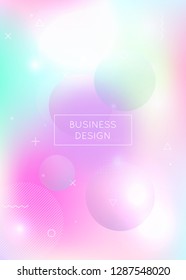 Holographic background with liquid shapes. Dynamic bauhaus gradient with memphis fluid elements. Graphic template for flyer, ui, magazine, poster, banner and app. Plastic holographic background.