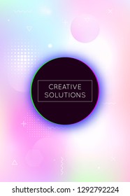 Holographic background with liquid shapes. Dynamic bauhaus gradient with memphis fluid elements. Graphic template for brochure, banner, wallpaper, mobile screen. Hipster holographic background.