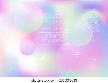 Holographic background with liquid shapes. Dynamic bauhaus gradient with memphis fluid elements. Graphic template for placard, presentation, banner, brochure. Rainbow holographic background.