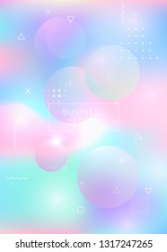 Holographic background with liquid shapes. Dynamic bauhaus gradient with memphis fluid elements. Graphic template for placard, presentation, banner, brochure. Spectrum holographic background.