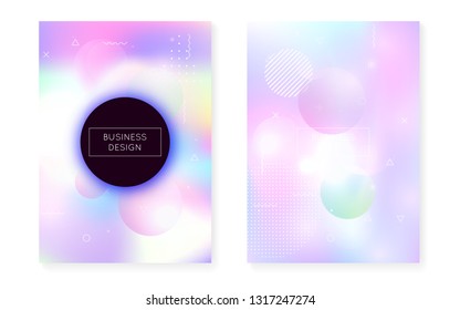 Holographic background with liquid shapes. Dynamic bauhaus gradient with memphis fluid cover. Graphic template for placard, presentation, banner, brochure. Retro holographic background.