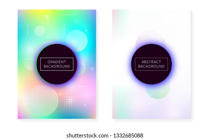 Holographic background with liquid shapes. Dynamic bauhaus gradient with memphis fluid cover. Graphic template for placard, presentation, banner, brochure. Bright holographic background.