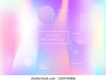 Holographic background with liquid shapes. Dynamic bauhaus gradient with memphis fluid elements. Graphic template for brochure, banner, wallpaper, mobile screen. Pearlescent holographic background.