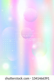 Holographic background with liquid shapes. Dynamic bauhaus gradient with memphis fluid elements. Graphic template for placard, presentation, banner, brochure. Rainbow holographic background.