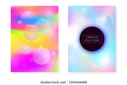 Holographic background with liquid shapes. Dynamic bauhaus gradient with memphis fluid cover. Graphic template for brochure, banner, wallpaper, mobile screen. Retro holographic background.