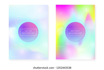 Holographic background with liquid shapes. Dynamic bauhaus gradient with memphis fluid cover. Graphic template for brochure, banner, wallpaper, mobile screen. Colorful holographic background.
