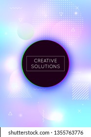 Holographic background with liquid shapes. Dynamic bauhaus gradient with memphis fluid elements. Graphic template for placard, presentation, banner, brochure. Fluorescent holographic background.