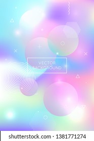 Holographic background with liquid shapes. Dynamic bauhaus gradient with memphis fluid elements. Graphic template for flyer, ui, magazine, poster, banner and app. Stylish holographic background.