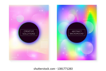 Holographic background with liquid shapes. Dynamic bauhaus gradient with memphis fluid cover. Graphic template for flyer, ui, magazine, poster, banner and app. Iridescent holographic background.
