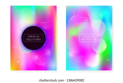 Holographic background with liquid shapes. Dynamic bauhaus gradient with memphis fluid cover. Graphic template for placard, presentation, banner, brochure. Colorful holographic background.