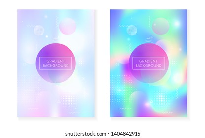 Holographic background with liquid shapes. Dynamic bauhaus gradient with memphis fluid cover. Graphic template for flyer, ui, magazine, poster, banner and app. Neon holographic background.