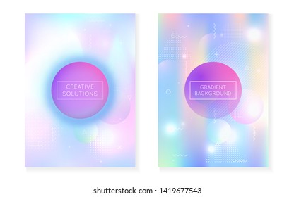 Holographic background with liquid shapes. Dynamic bauhaus gradient with memphis fluid cover. Graphic template for brochure, banner, wallpaper, mobile screen. Pearlescent holographic background.