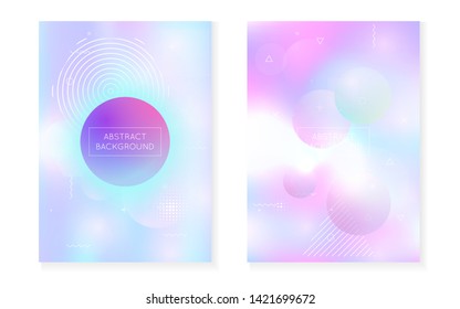 Holographic background with liquid shapes. Dynamic bauhaus gradient with memphis fluid cover. Graphic template for placard, presentation, banner, brochure. Fluorescent holographic background.