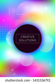 Holographic background with liquid shapes. Dynamic bauhaus gradient with memphis fluid elements. Graphic template for brochure, banner, wallpaper, mobile screen. Trendy holographic background.