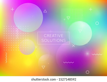 Holographic background with liquid shapes. Dynamic bauhaus gradient with memphis fluid elements. Graphic template for brochure, banner, wallpaper, mobile screen. Neon holographic background.