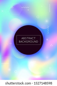 Holographic background with liquid shapes. Dynamic bauhaus gradient with memphis fluid elements. Graphic template for placard, presentation, banner, brochure. Stylish holographic background.