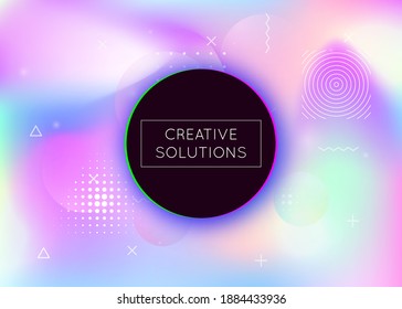 Holographic background with liquid shapes. Dynamic bauhaus gradient with memphis fluid elements. Graphic template for flyer, ui, magazine, poster, banner and app. Multicolor holographic background.