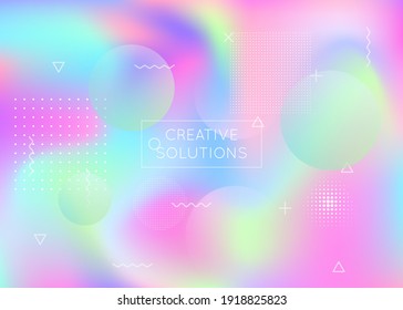 Fondo holográfico con formas líquidas. Gradiente dinámico de baudios con elementos de fluido memphis. Plantilla gráfica para libro, anual, interfaz móvil, aplicación web. Fondo holográfico arcoiris.