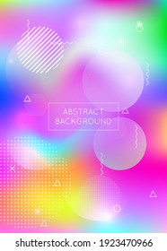 Holographic background with liquid shapes. Dynamic bauhaus gradient with memphis fluid elements. Graphic template for brochure, banner, wallpaper, mobile screen. Stylish holographic background.