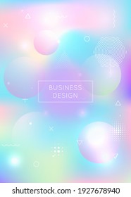 Holographic background with liquid shapes. Dynamic bauhaus gradient with memphis fluid elements. Graphic template for placard, presentation, banner, brochure. Stylish holographic background.