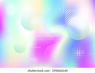 Holographic background with liquid shapes. Dynamic bauhaus gradient with memphis fluid elements. Graphic template for brochure, banner, wallpaper, mobile screen. Iridescent holographic background.