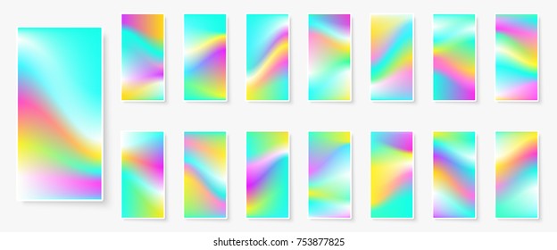 Holographic background. Multicolor texture. Hologram glitch. Smooth blur. Smartphone wallpapers bundle. Trendy vector backdrops for gadget. Phone screen vibrant textures.