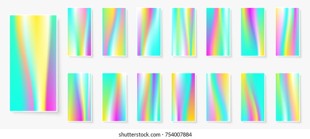 Holographic background. Multicolor texture. Hologram glitch. Smooth blur. Smartphone wallpapers bundle. Trendy vector backdrops for gadget. Phone screen vibrant textures.