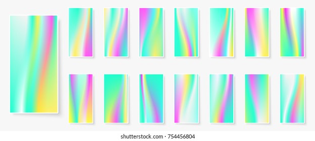 Holographic background. Multicolor texture. Hologram glitch. Smooth blur. Smartphone wallpapers bundle. Trendy vector backdrops for gadget. Phone screen vibrant textures.