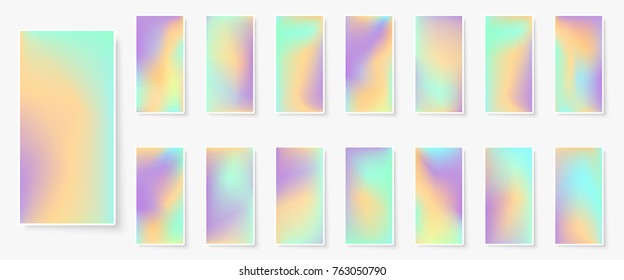 Holographic background. Multicolor texture. Hologram glitch. Smooth blur. Smartphone wallpapers bundle. Trendy vector backdrops for gadget. Phone screen vibrant textures.