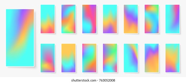 Holographic Background. Multicolor Texture. Hologram Glitch. Smooth Blur. Smartphone Wallpapers Bundle. Trendy Vector Backdrops For Gadget. Phone Screen Vibrant Textures.