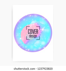 Holographic background. Princess gradient. Kawaii unicorn hologram. Fantasy cover. Stylish universe banner. Holographic background with magic sparkles, stars and blurs for girl party invitation.