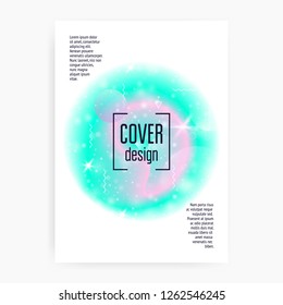 Holographic background. Princess gradient. Kawaii unicorn hologram. Fantasy cover. Creative universe banner. Holographic background with magic sparkles, stars and blurs for girl party invitation.