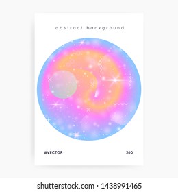 Holographic background. Princess gradient. Kawaii unicorn hologram. Fantasy cover. Trendy universe banner. Holographic background with magic sparkles, stars and blurs for girl party invitation.