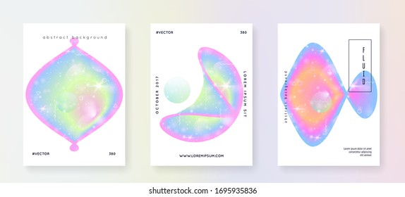Holographic background. Princess gradient. Kawaii unicorn hologram. Fantasy set. Girlie universe banner. Holographic background with magic sparkles, stars and blurs for girl party invitation.